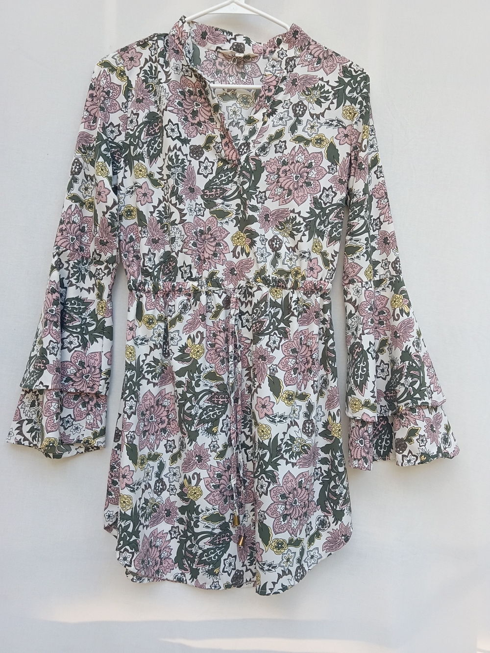 Floral Tie-Waist Mini Dress in Pink, Green and Cream